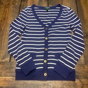 Lauren Ralph Lauren Striped V Neck Button Front Cardigan Navy White Women's S